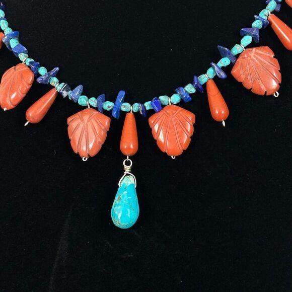 Jasper, Lapis & Turquoise Beaded 18-21.5” Statement Charm Necklace - Picture 3 of 7